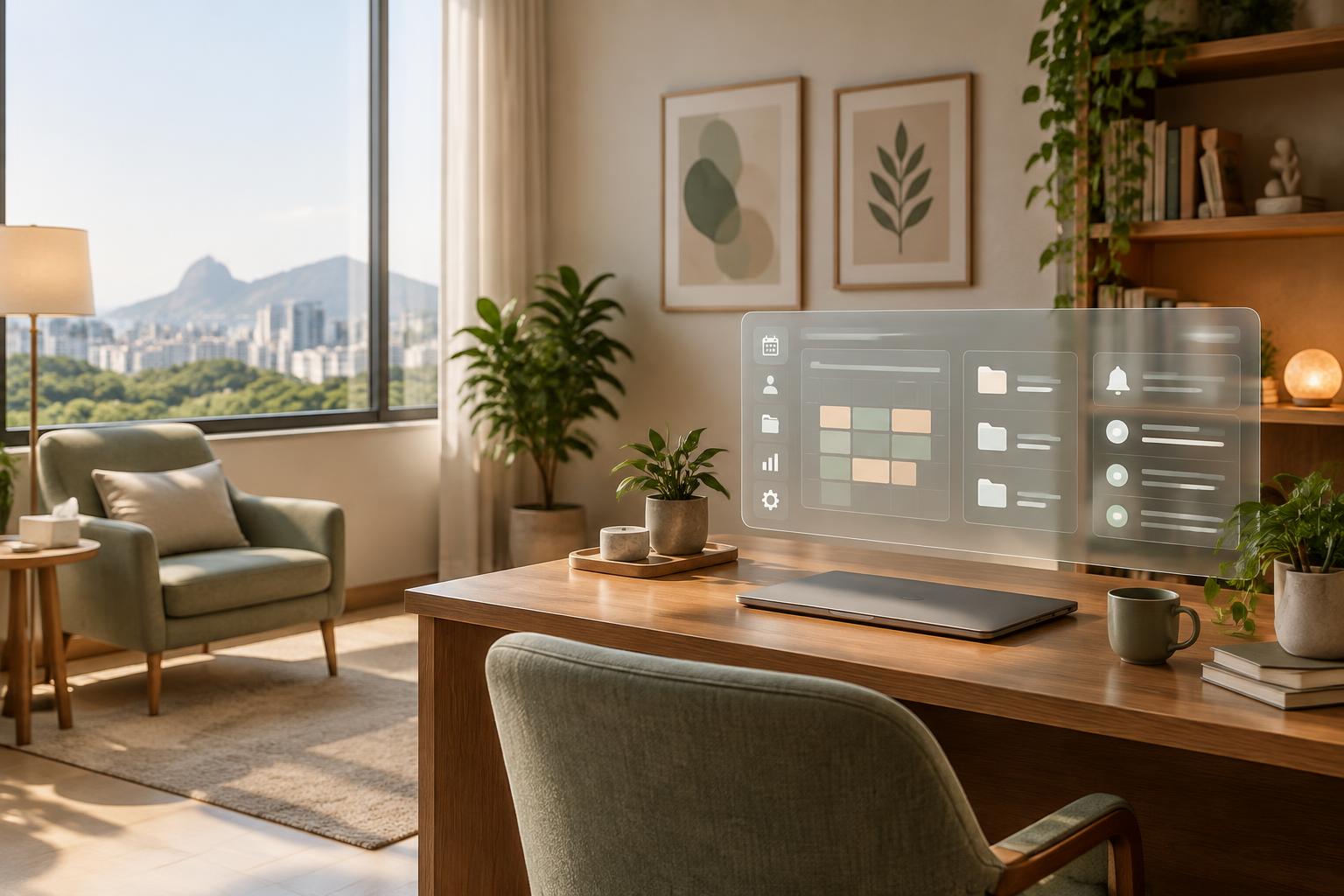 Consultório digital com painel holográfico em ambiente calmo